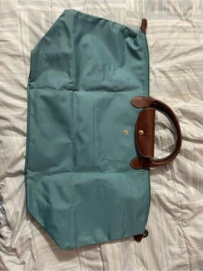 Longchamp Teal Nylon Tote with Brown Leather Trim